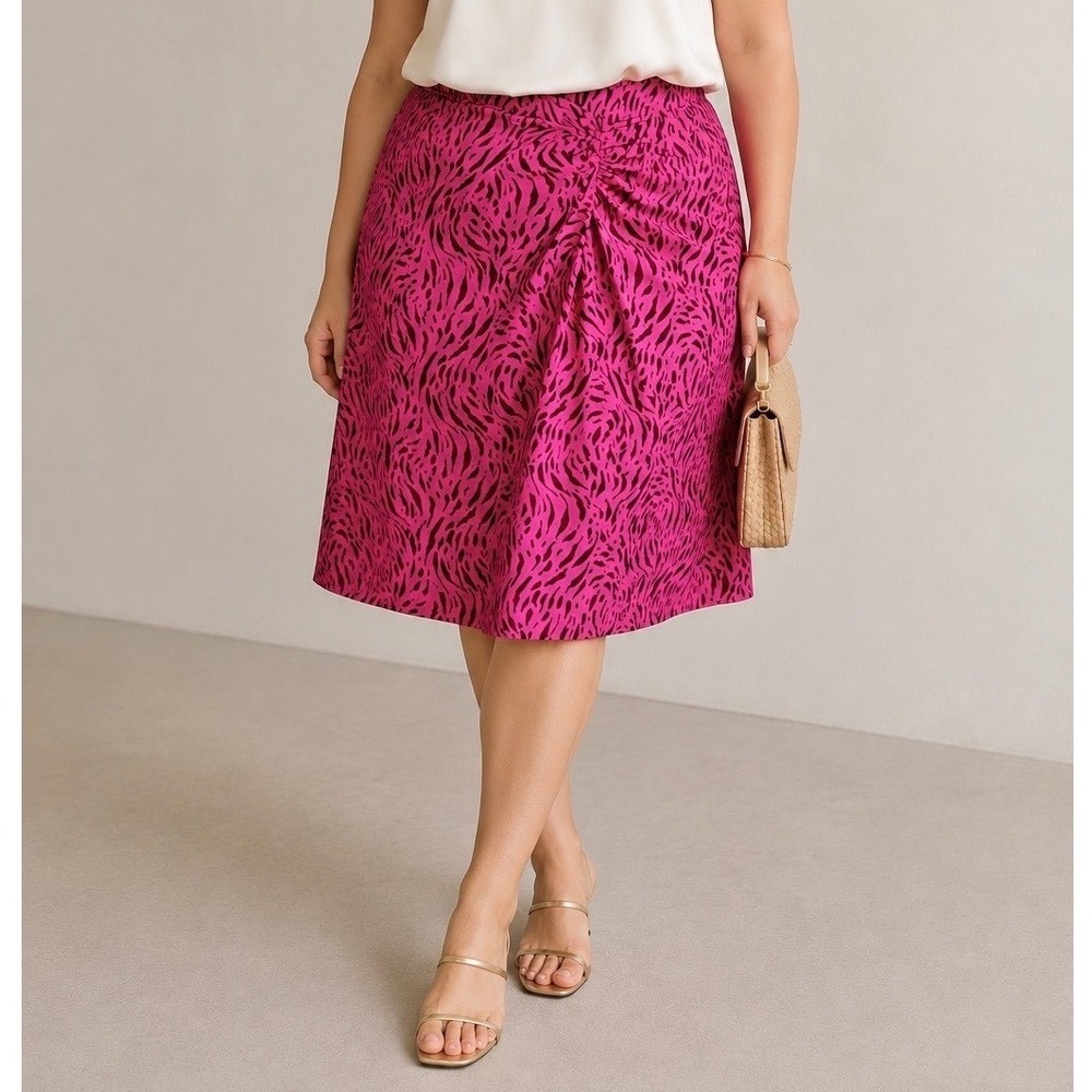 Abstract Animal Print Midi Skirt XXL Ruched‎ Front Lightweight Crepe Resort Date